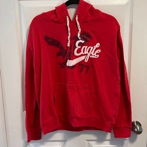 American Eagle Red distressed Eagle 77 hooded sweater size Large